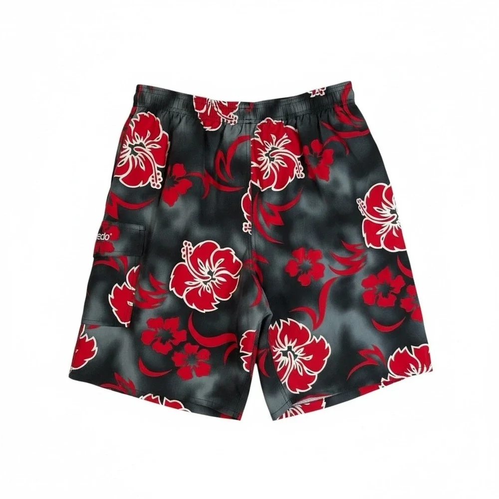 Speedo Men's Aloha Floral Swim Trunks Shorts Black‎ Red Size L